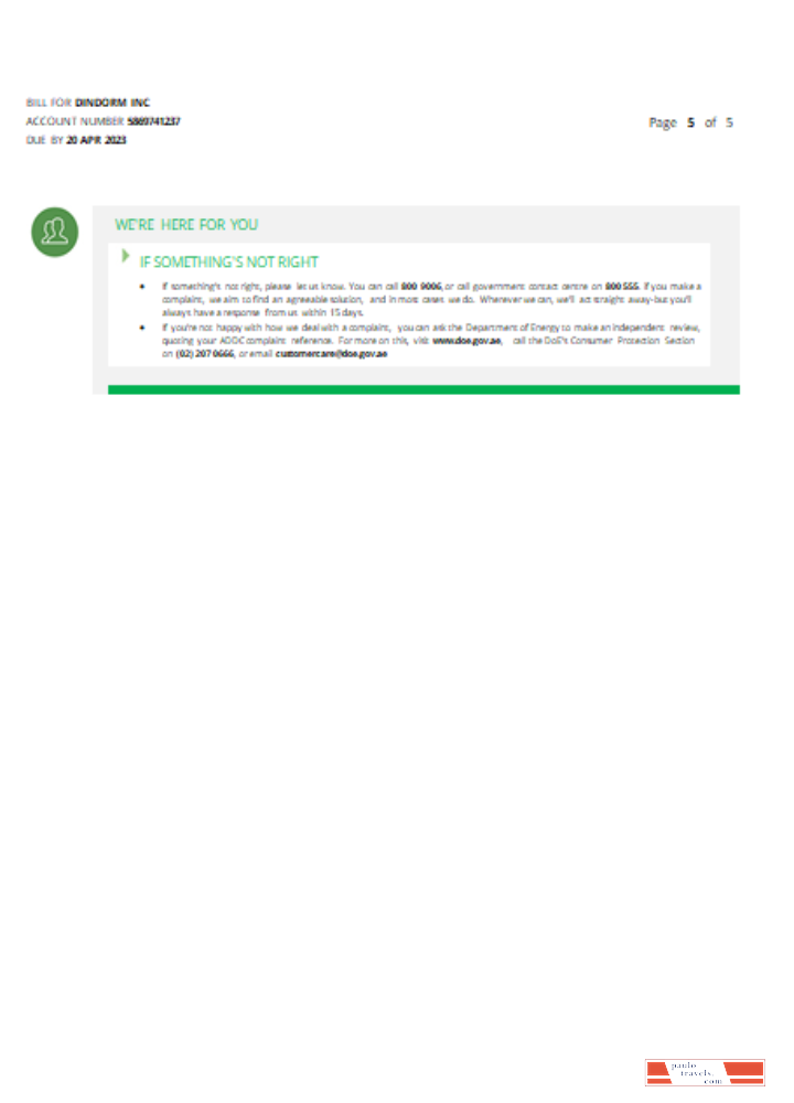 Al Ain Distribution Company utility business bill, page 5, SCR PSD template